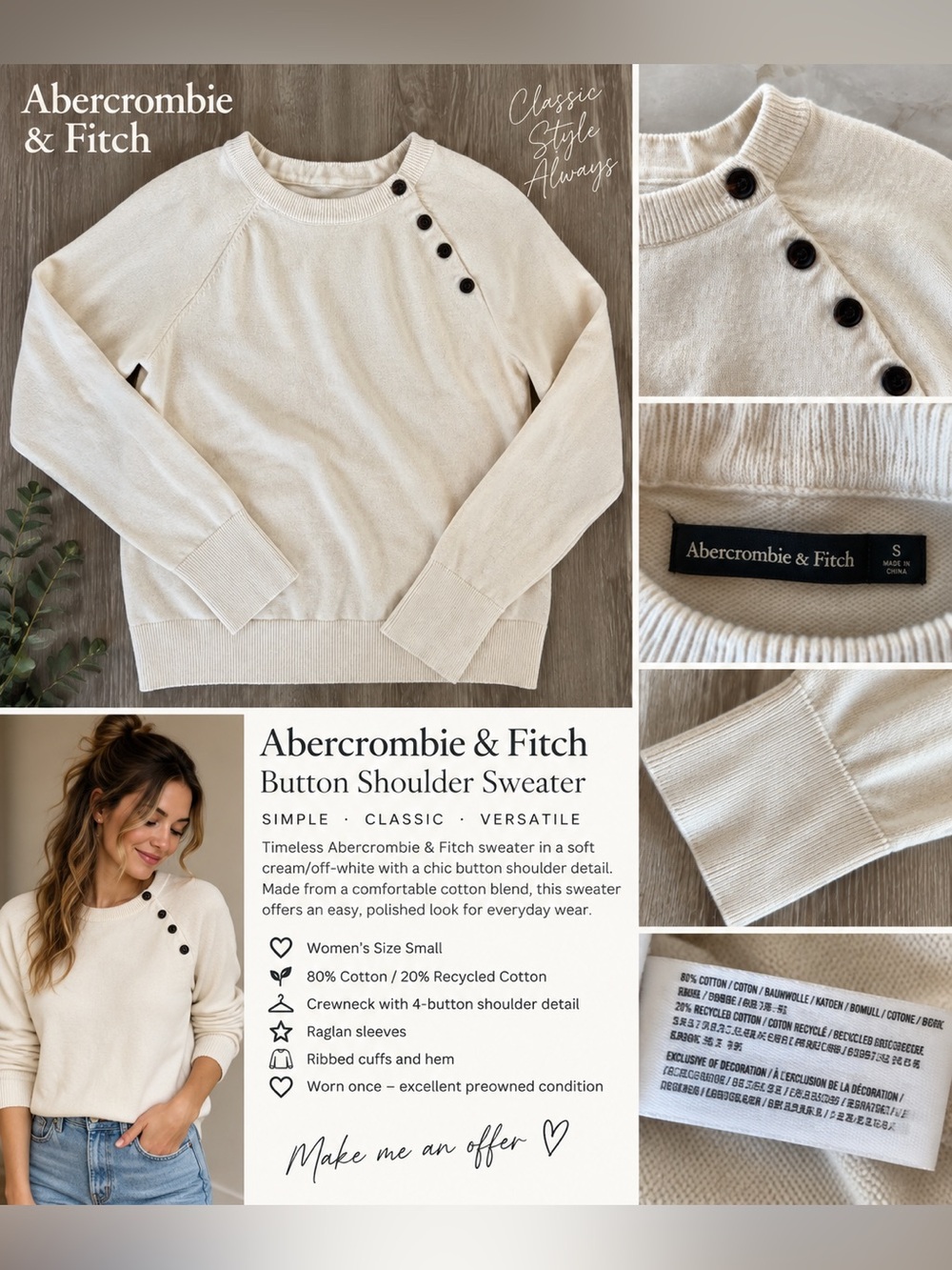 Abercrombie & Fitch Cream Button Shoulder Cotton Sweater Size S